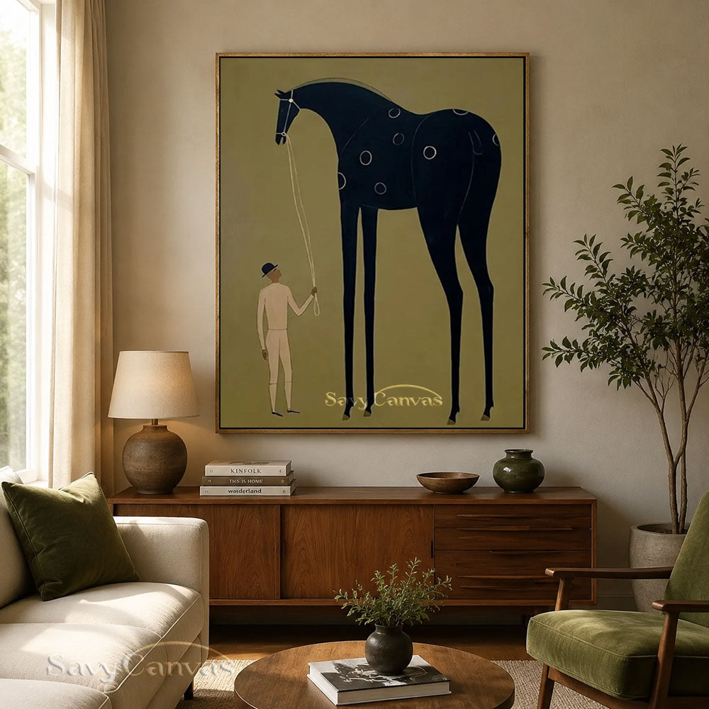 Handmade Folk Art Black Horse Surrealist Canvas Oil Painting #SS 208