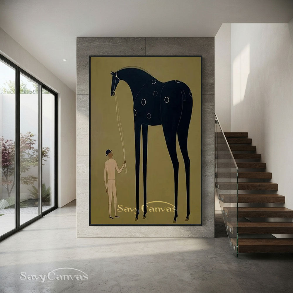 Handmade Folk Art Black Horse Surrealist Canvas Oil Painting #SS 208