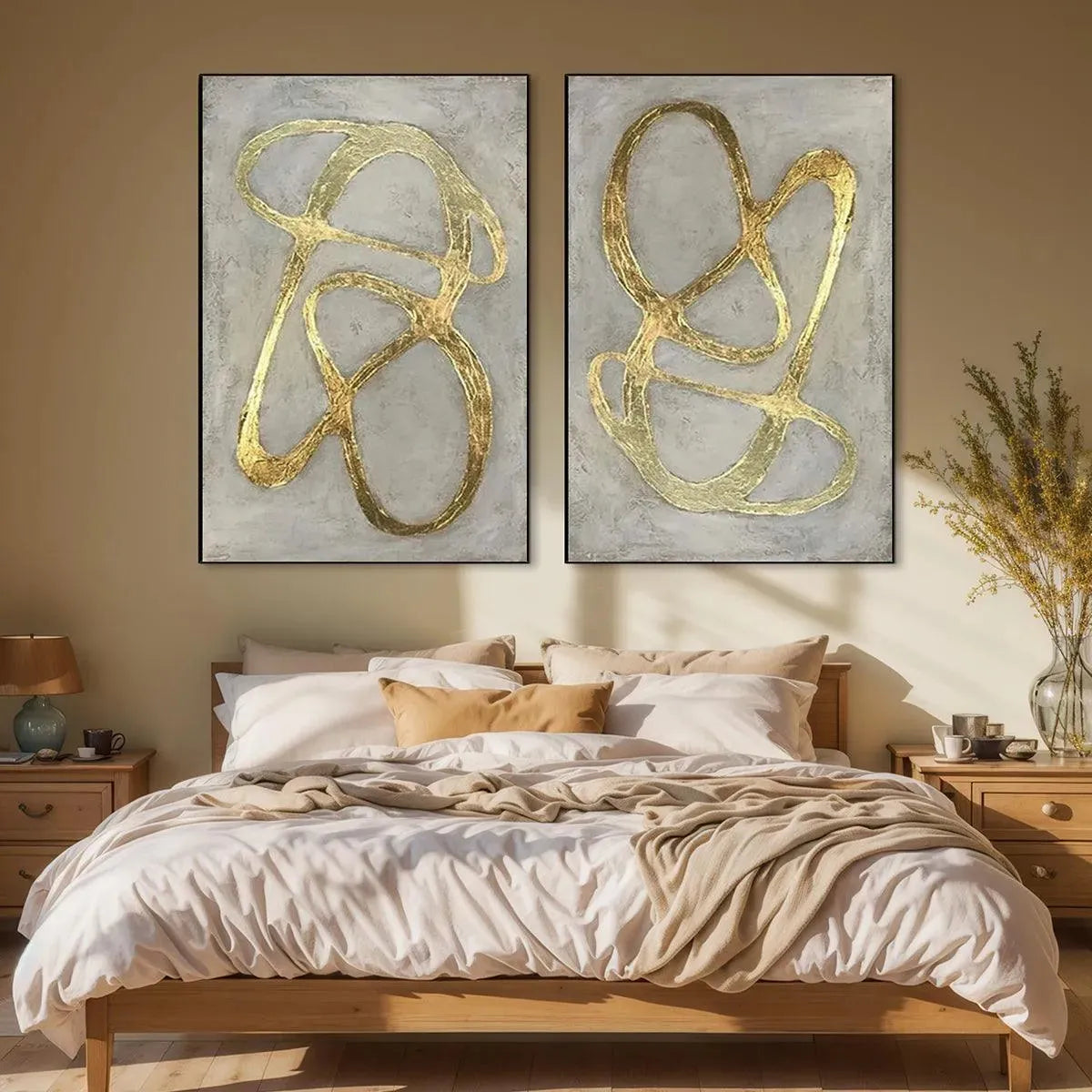 Gold Ribbon Abstract Diptych | Modern Line Art Painting #AA 209