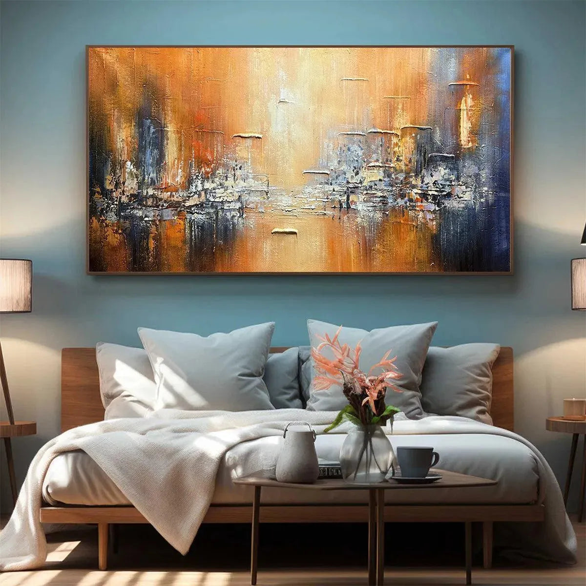 Warm Abstract Cityscape | Orange and Blue Textured Art #AA 080