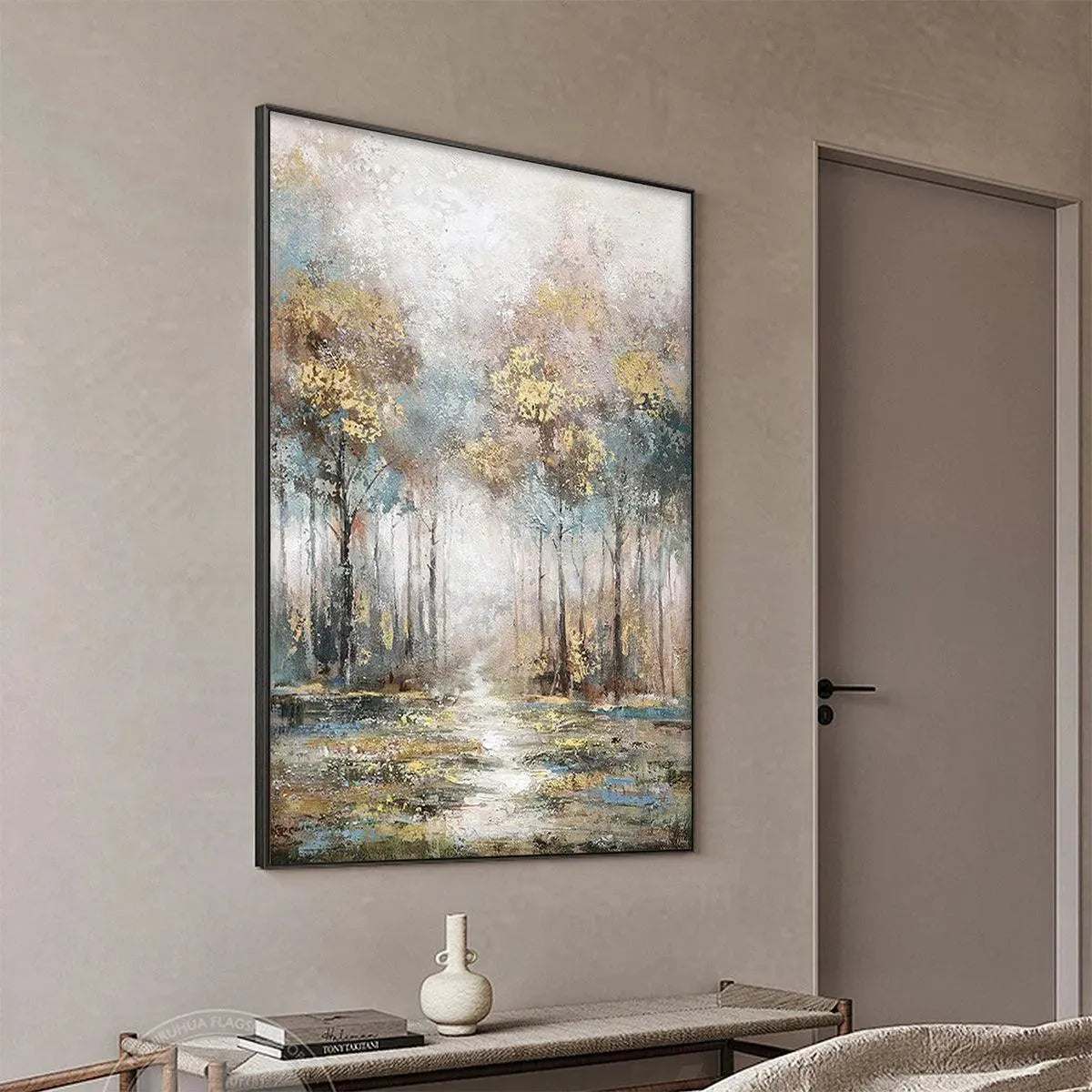 Gold and Grey Abstract Forest Canvas Wall Art | Autumn Nature Print #AA 310