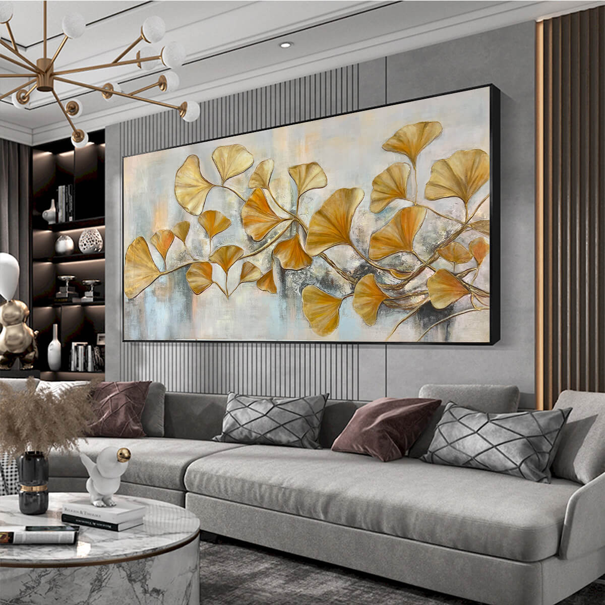Gold Ginkgo Leaf Canvas Wall Art - Elegant Botanical Panorama #AA 311