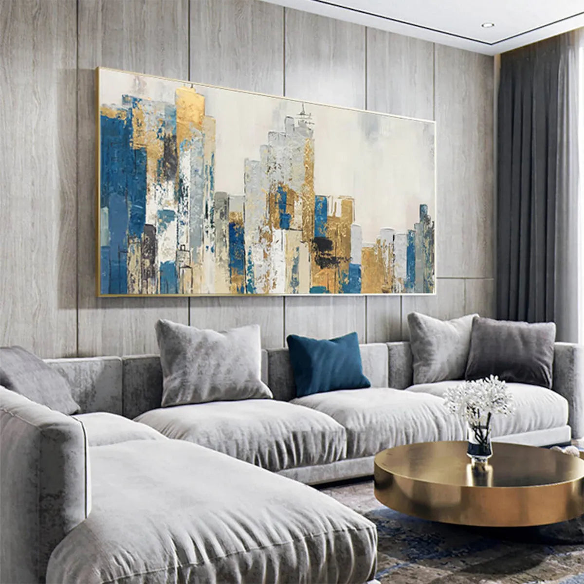 Blue and Gold Abstract Cityscape | Modern Urban Wall Art #AA 081