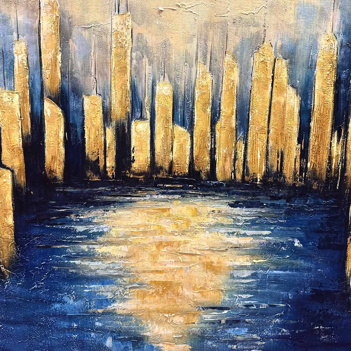 Luminous Gold Skyline Art | City Lights Reflection Painting #AA 082