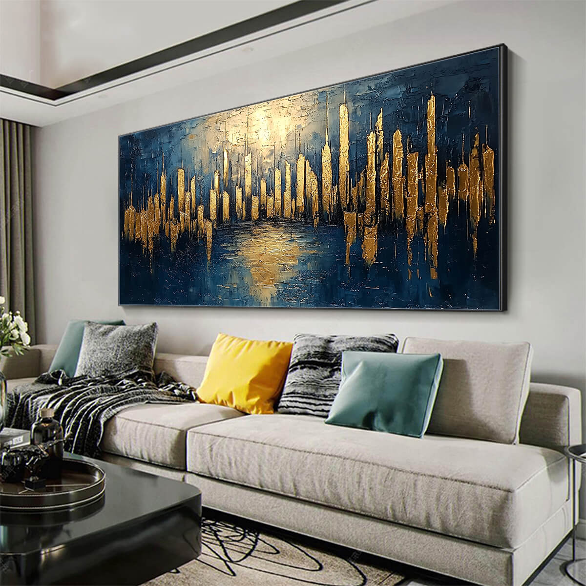 Luminous Gold Skyline Art | City Lights Reflection Painting #AA 082