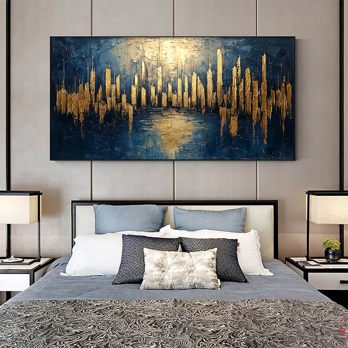 Luminous Gold Skyline Art | City Lights Reflection Painting #AA 082