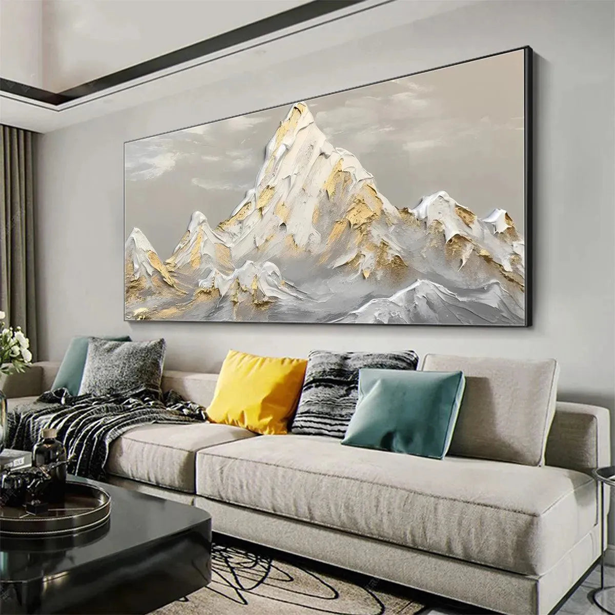 Textured Mountain Painting | Gold & Grey 3D Impasto Wall Art #TC 265