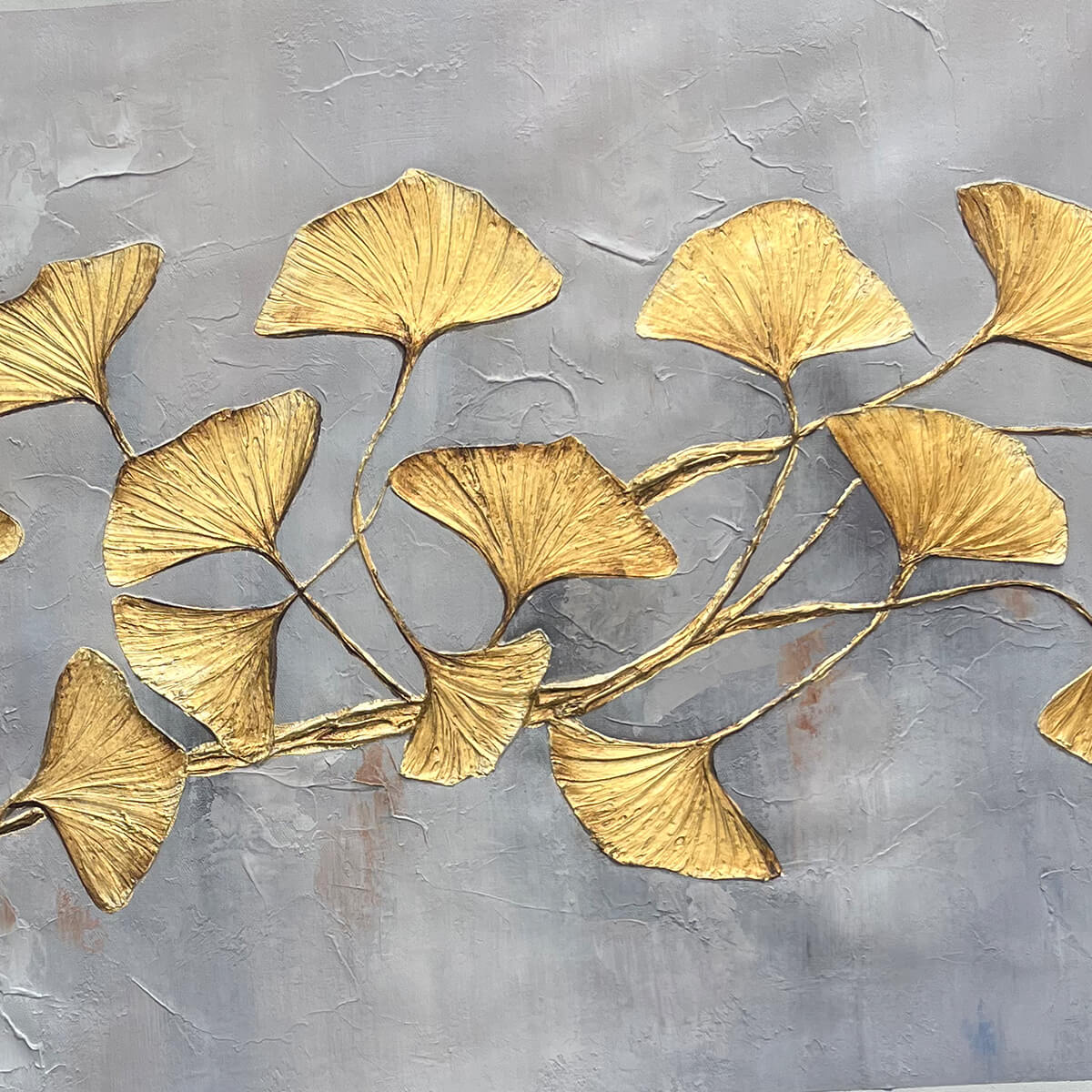 Golden Ginkgo Leaf Canvas Wall Art - Panoramic Grey & Gold Print #AA 332
