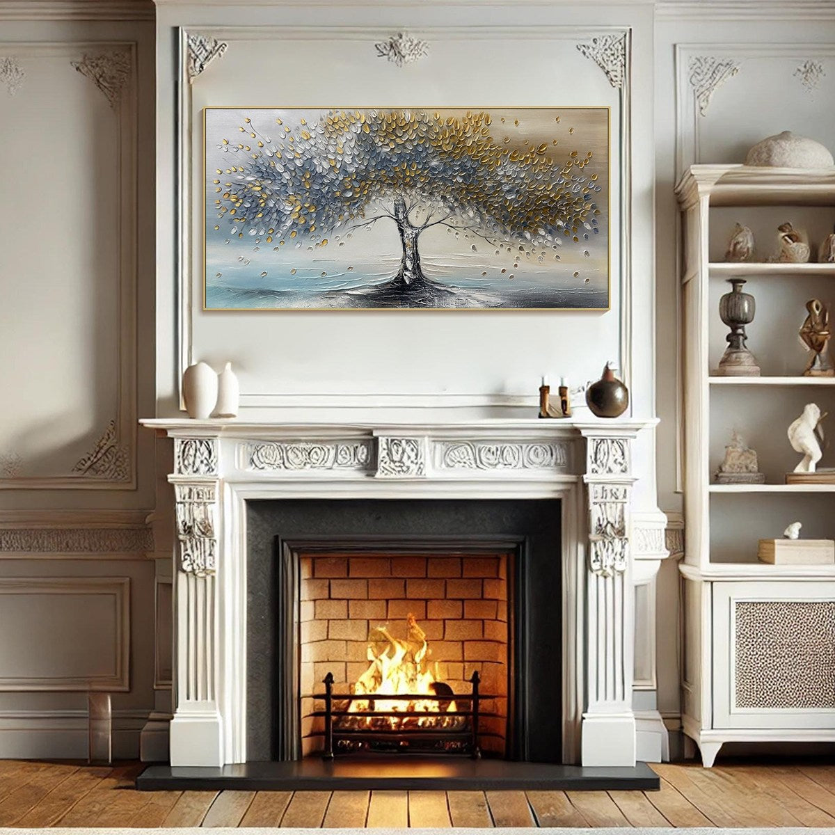 Large Abstract Tree Wall Art | Gold and Grey Textured Painting