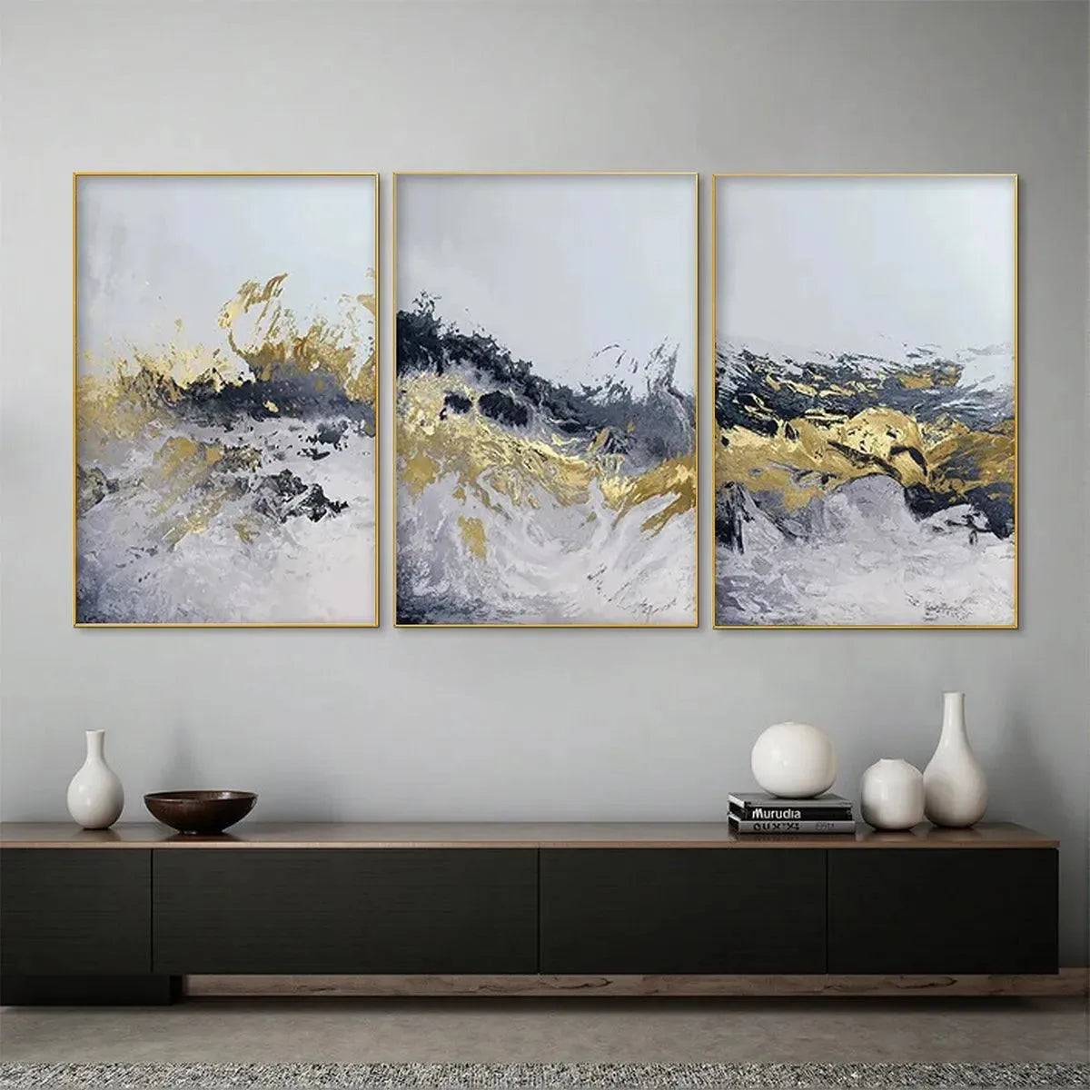 3 Piece Abstract Wall Art Set | Split Canvas Gold & Grey Prints