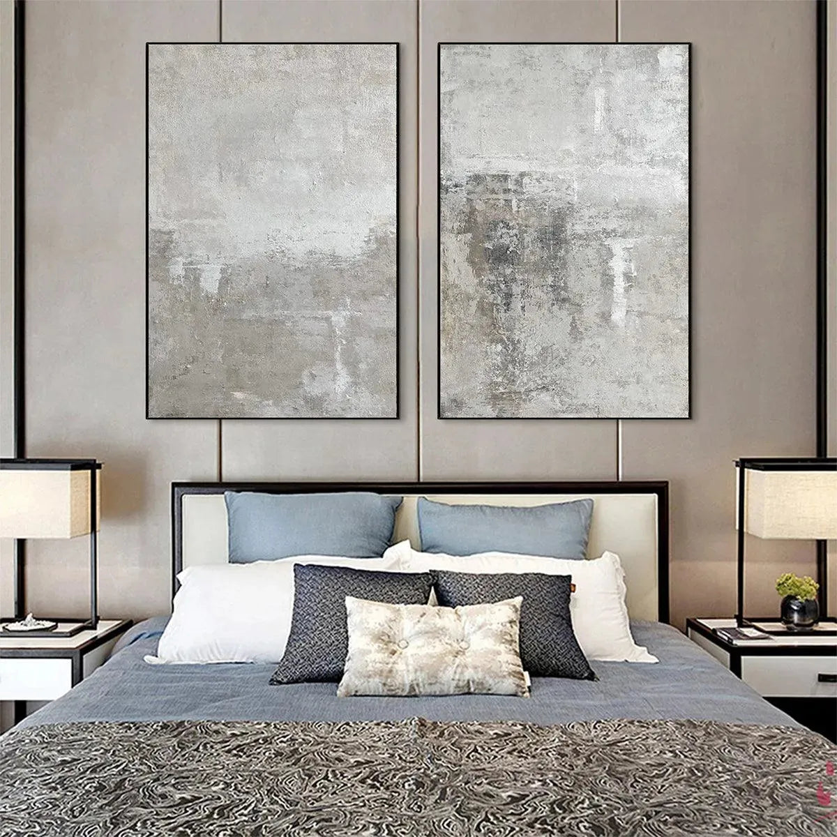 Modern Grey and Silver Wall Art Set of 2 | Neutral Canvas Prints #AA 451