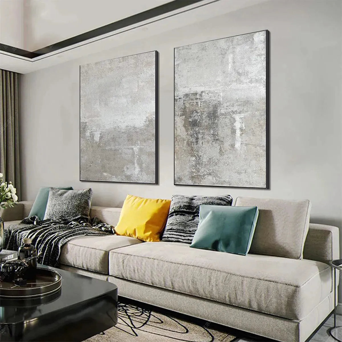 Modern Grey and Silver Wall Art Set of 2 | Neutral Canvas Prints #AA 451