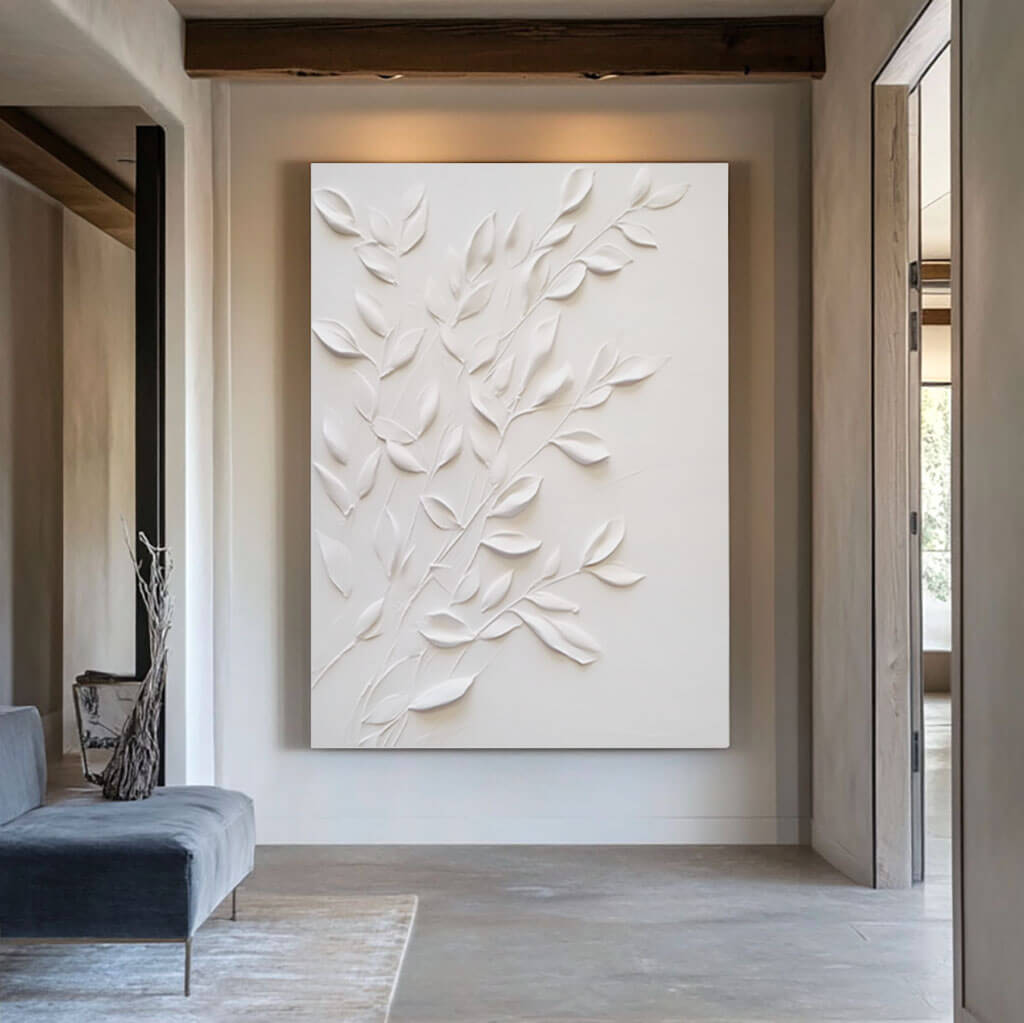 3D Textured White Leaf Wall Art | Minimalist Plaster Style Decor #AA 318