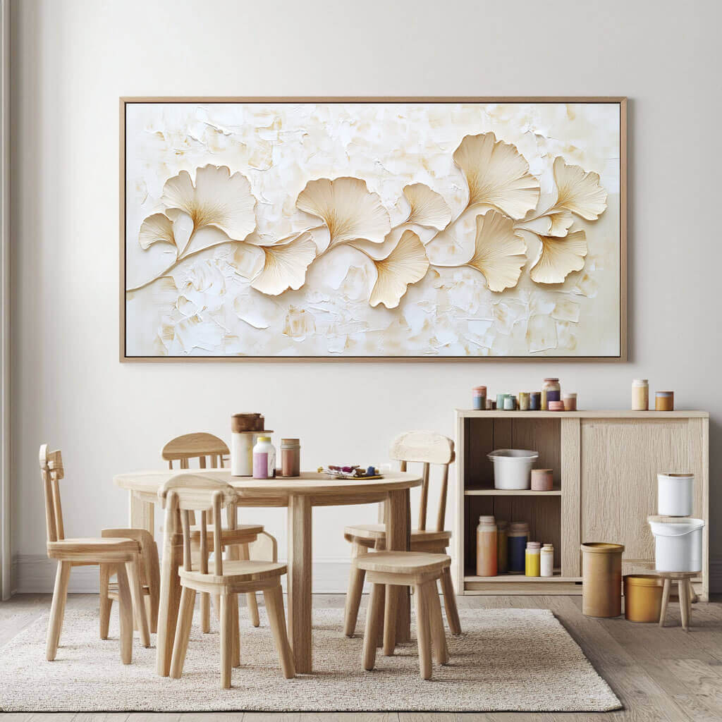 3D Ginkgo Leaf Wall Art | Beige Botanical Texture Painting
