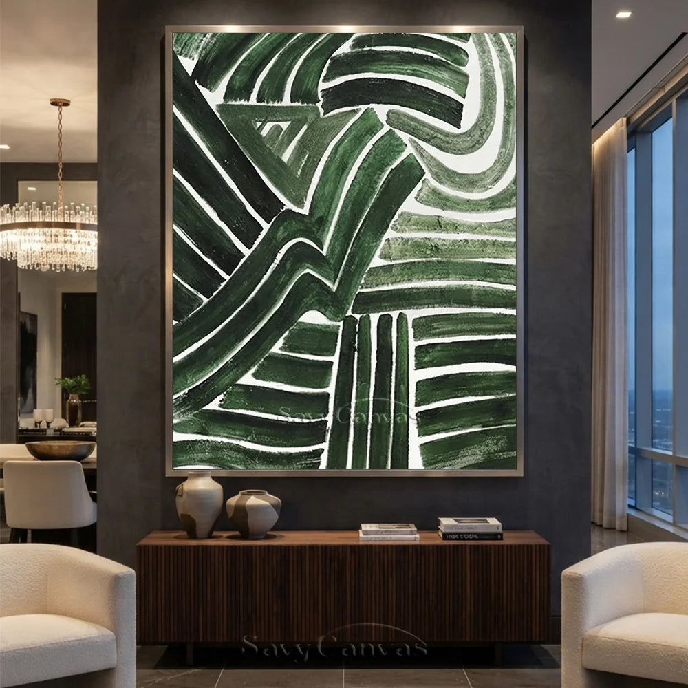 Handmade Green Abstract Art with Dynamic Brushstrokes Wall Decor #TC 032