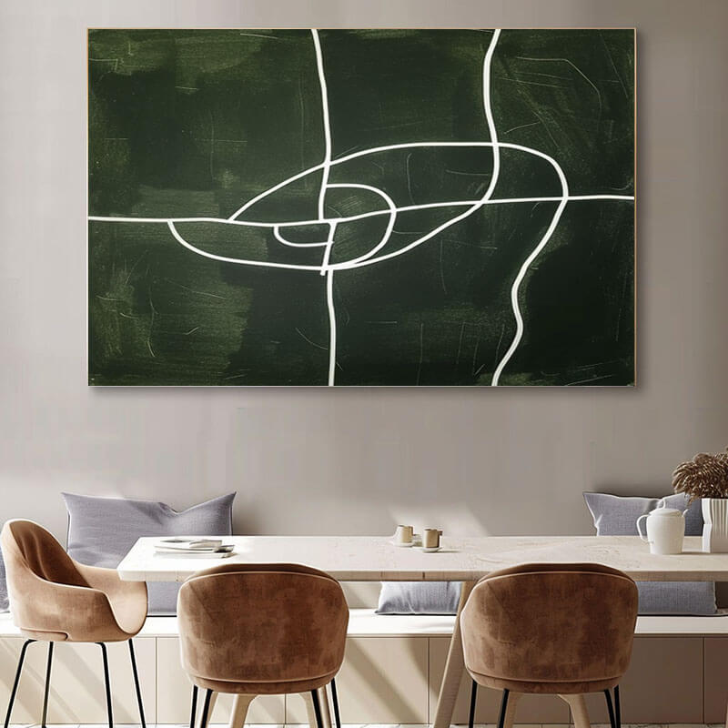 Contemporary Abstract Line Painting | Green & White Art Print