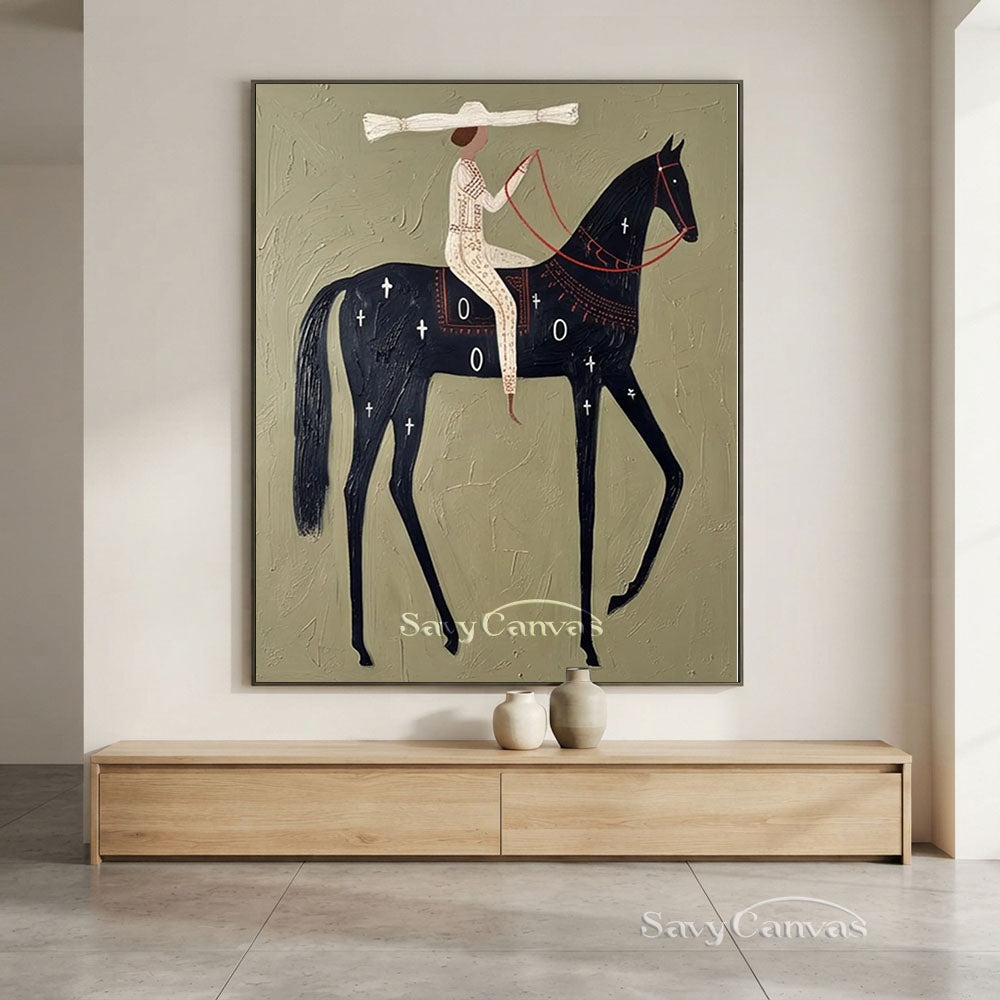 Textured Sage Green Minimalist Horse Canvas Art Painting #SS 210