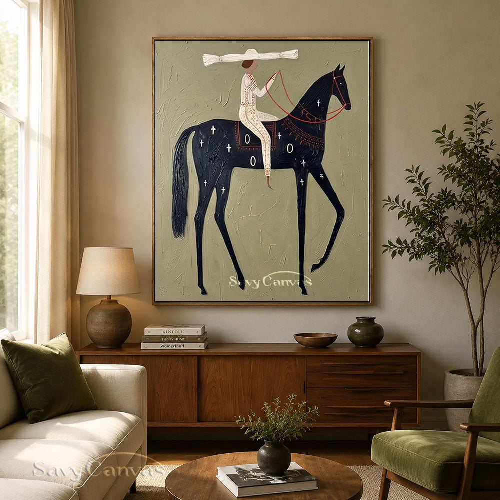 Textured Sage Green Minimalist Horse Canvas Art Painting #SS 210