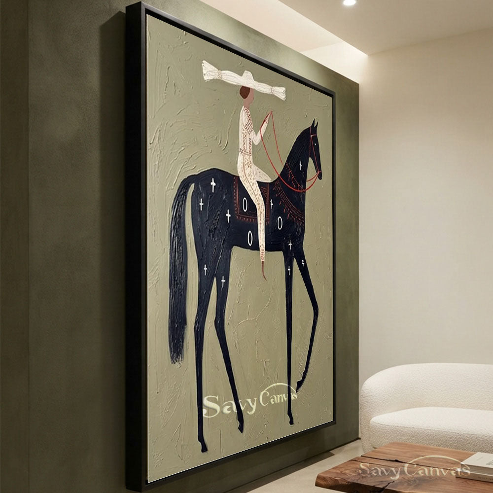 Textured Sage Green Minimalist Horse Canvas Art Painting #SS 210