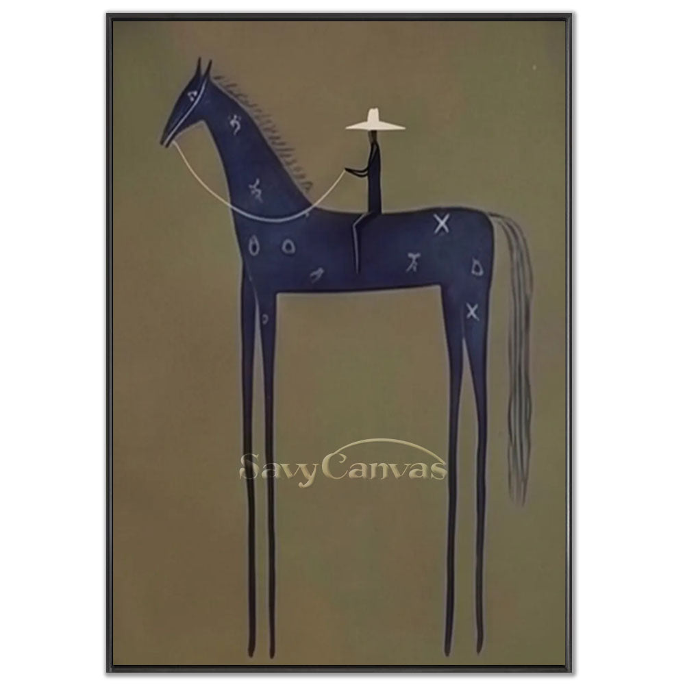 A 100% handmade modernist abstract oil painting depicting a stylized deep indigo blue horse with elongated, slender legs, ridden by a minimalist figure wearing a wide-brimmed cream-white hat, against a solid muted olive green background.
