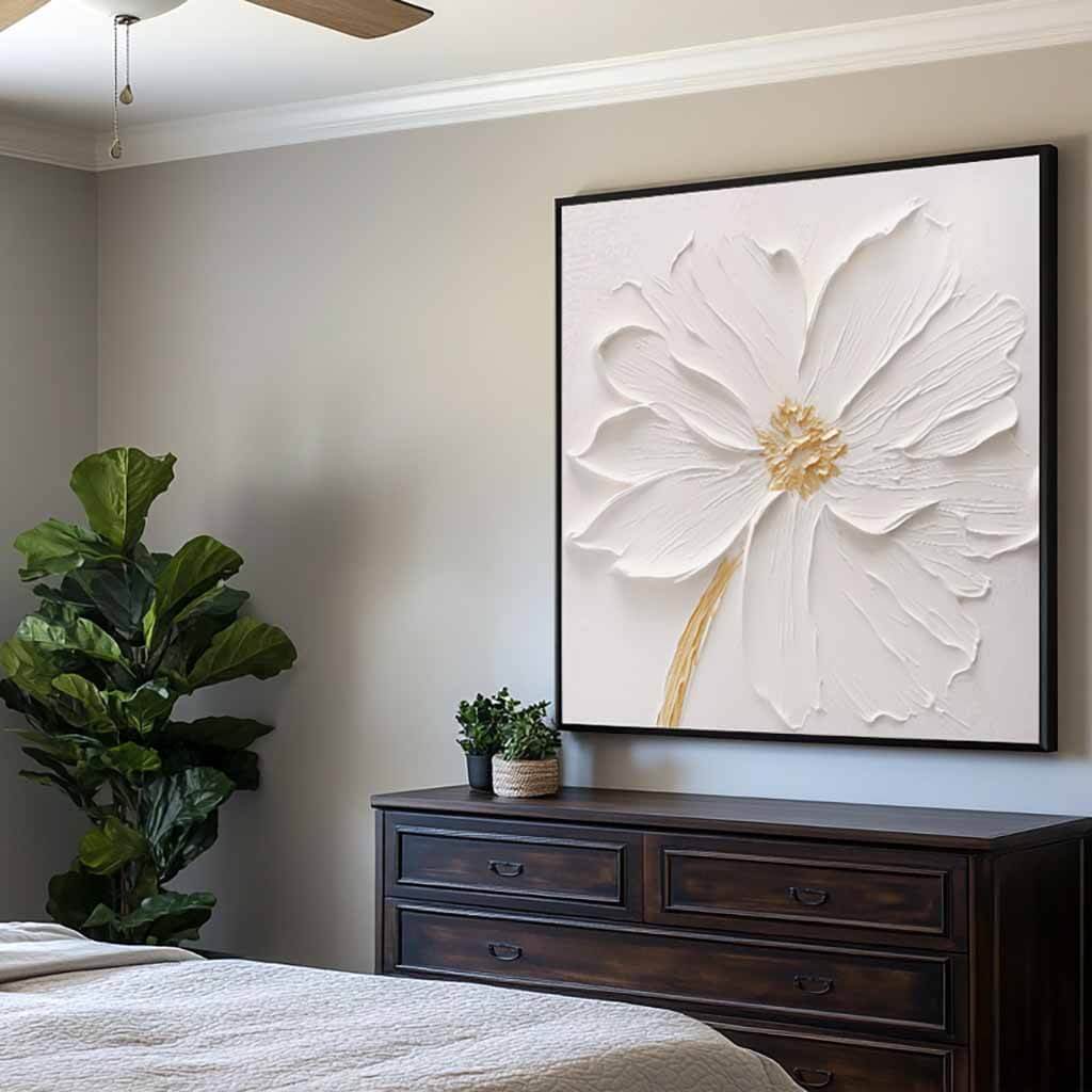 Minimalist White Wall Art - Serene Floral Painting for Bedroom #JJ 430