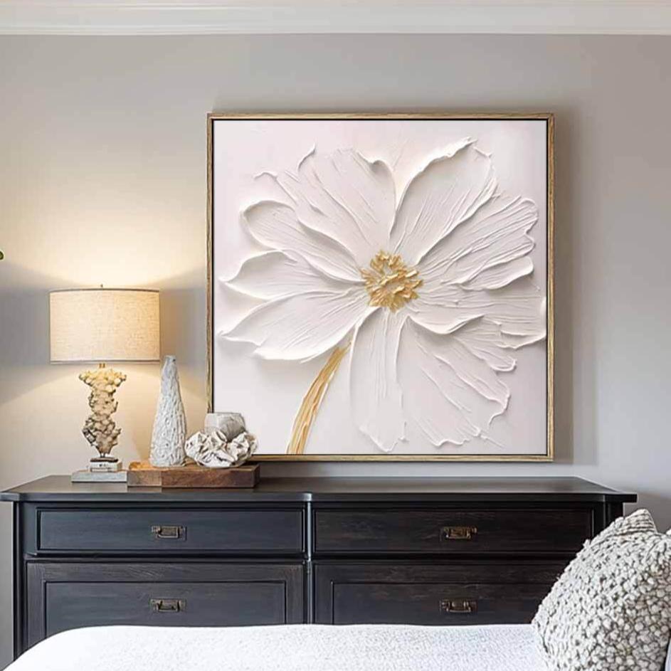 Minimalist White Wall Art - Serene Floral Painting for Bedroom #JJ 430