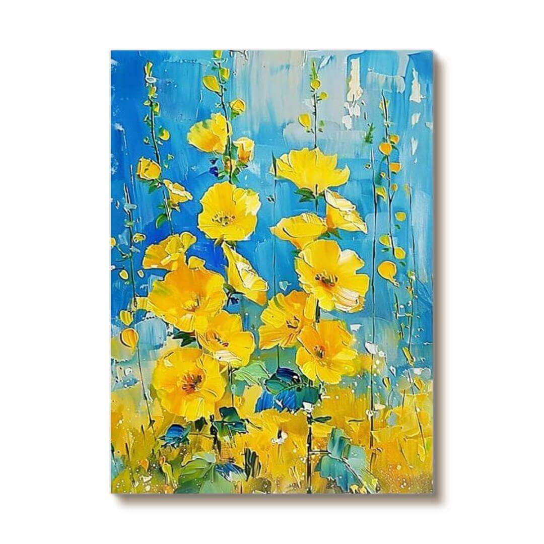 Vibrant Yellow Flower Painting | Blue Abstract Floral Art #AA 055