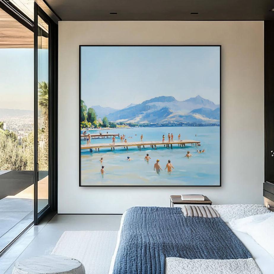 Nostalgic Summer Lake Art | Peaceful People Swimming Painting