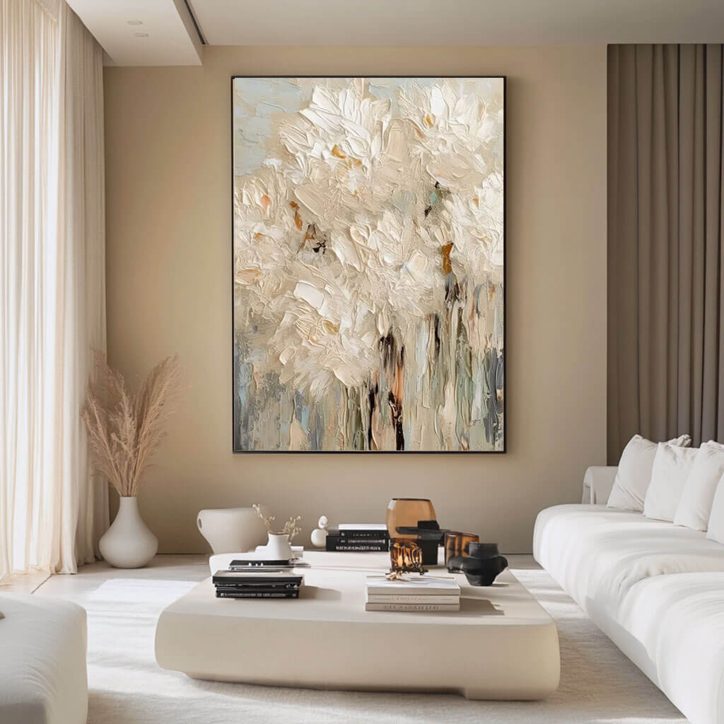 Neutral Abstract Floral Painting | White & Beige Textured Art