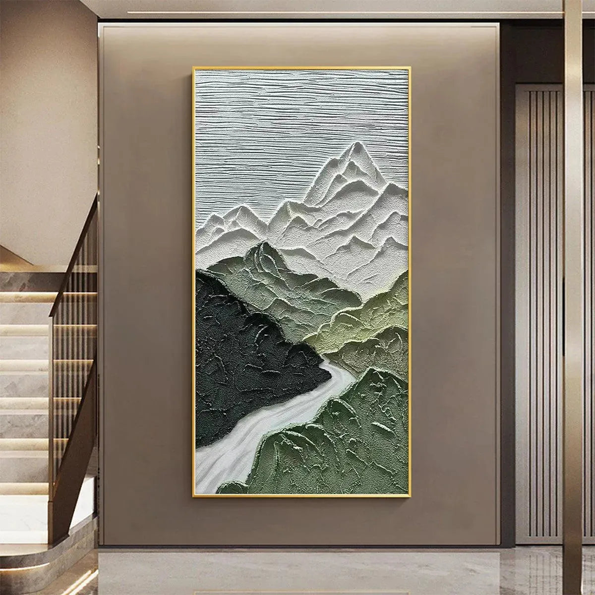 Vertical Mountain River Painting | Textured Green Landscape Art#TC 266