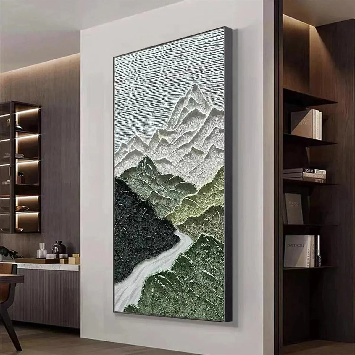 Vertical Mountain River Painting | Textured Green Landscape Art#TC 266