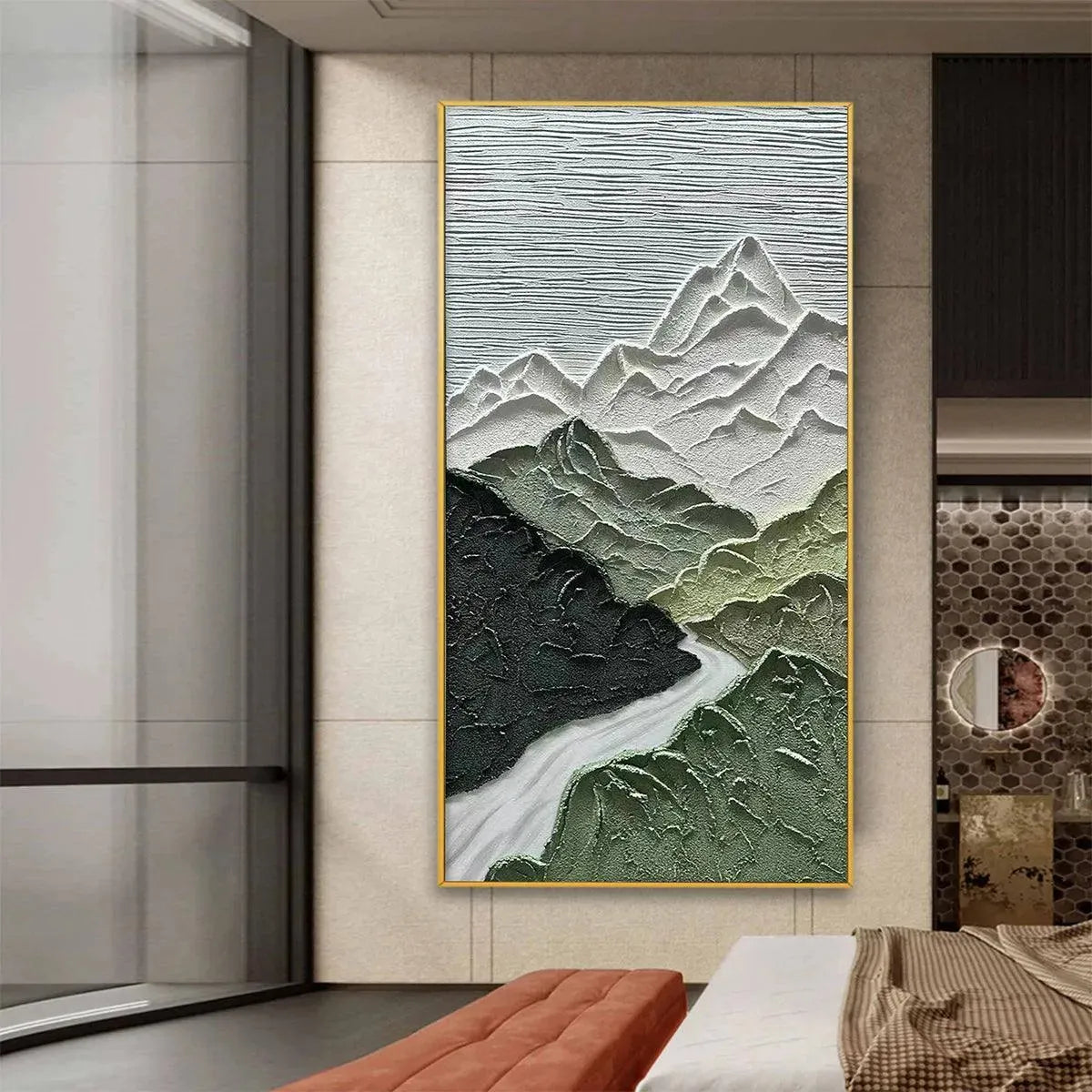 Vertical Mountain River Painting | Textured Green Landscape Art#TC 266