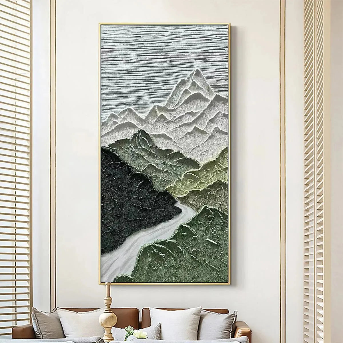 Vertical Mountain River Painting | Textured Green Landscape Art#TC 266
