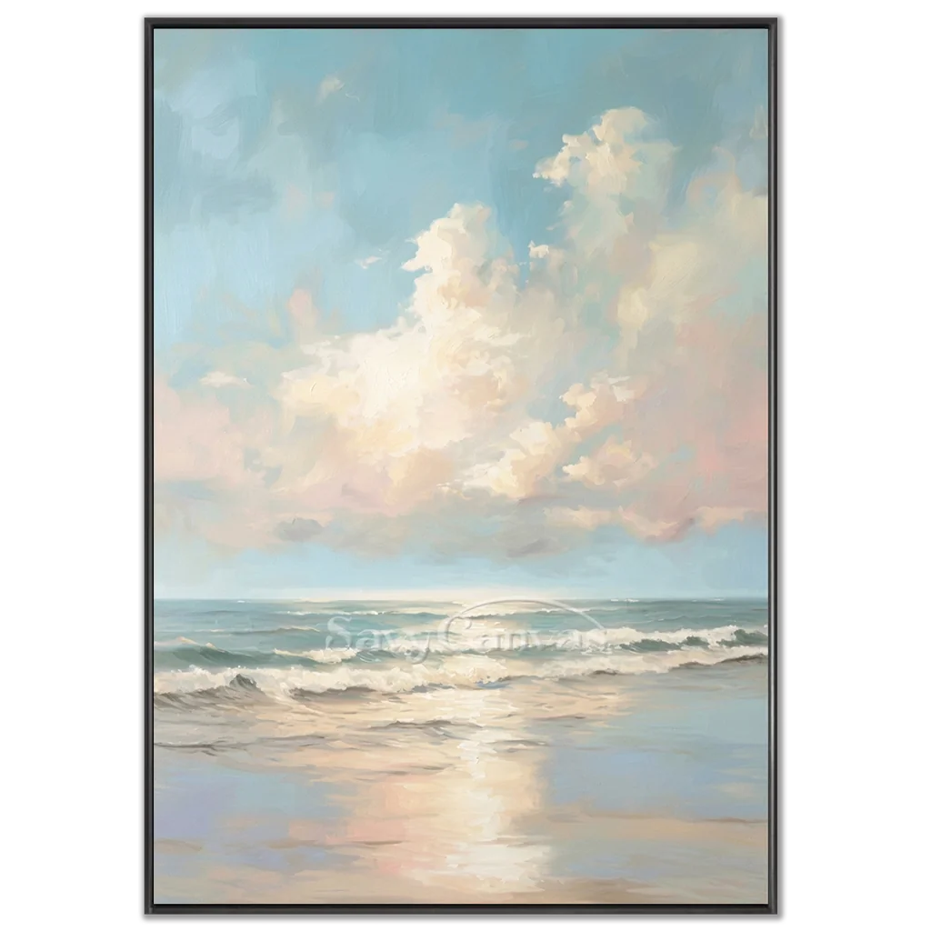 Calm Coastal Sky and Sea Abstract - Soft Blue and Beige Oil Painting #JJ 118