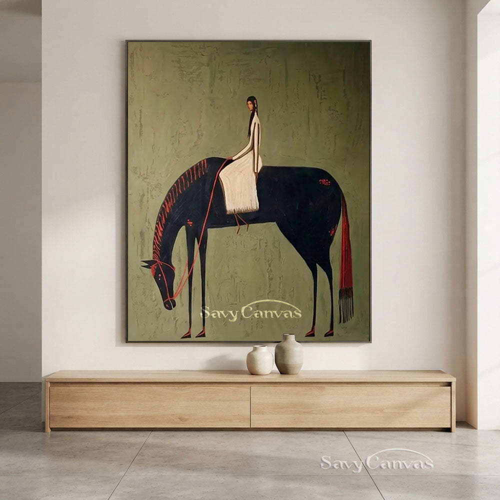 Vintage Black Horse Rider Textured Oil Painting #SS 211
