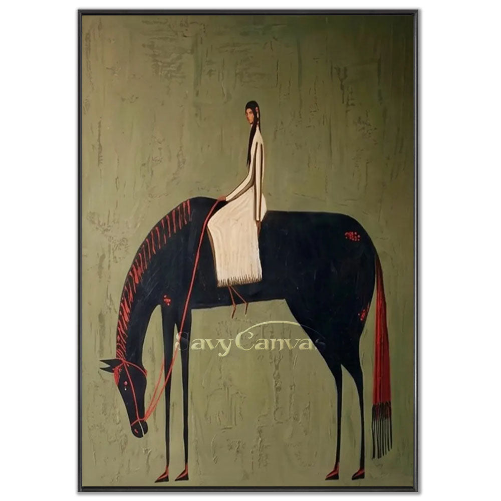 A 100% handmade modernist abstract oil painting with a heavy textured moss green background, depicting an elegant female rider with long black hair wearing a long white dress, sitting gracefully on a stylized black horse with subtle red reins and a red fringed tail.