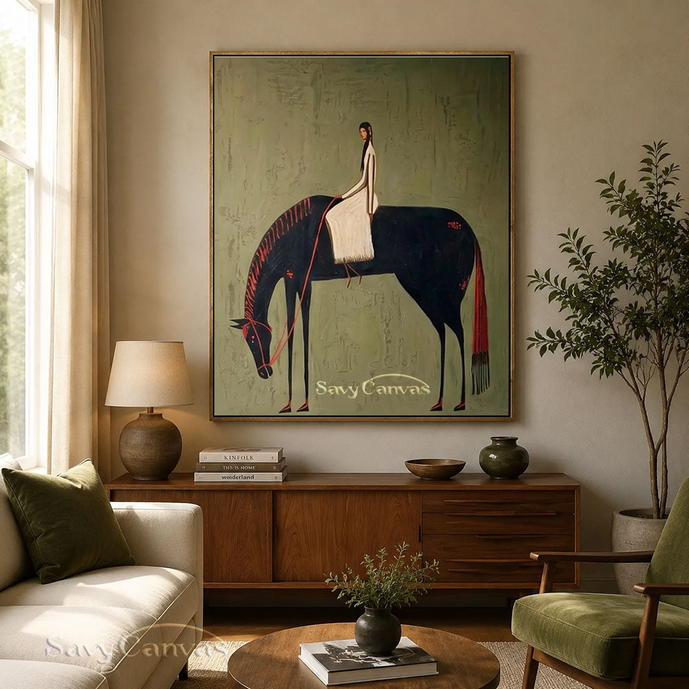 Vintage Black Horse Rider Textured Oil Painting #SS 211