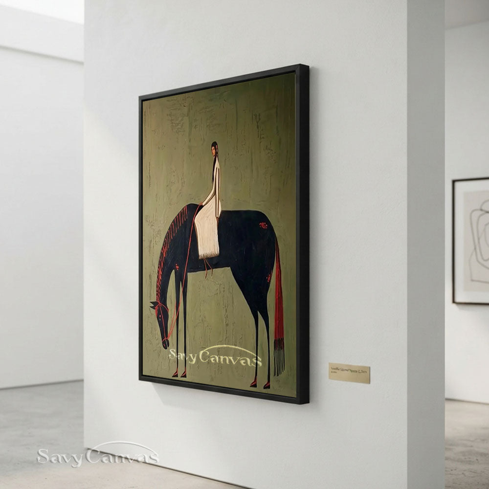 Vintage Black Horse Rider Textured Oil Painting #SS 211