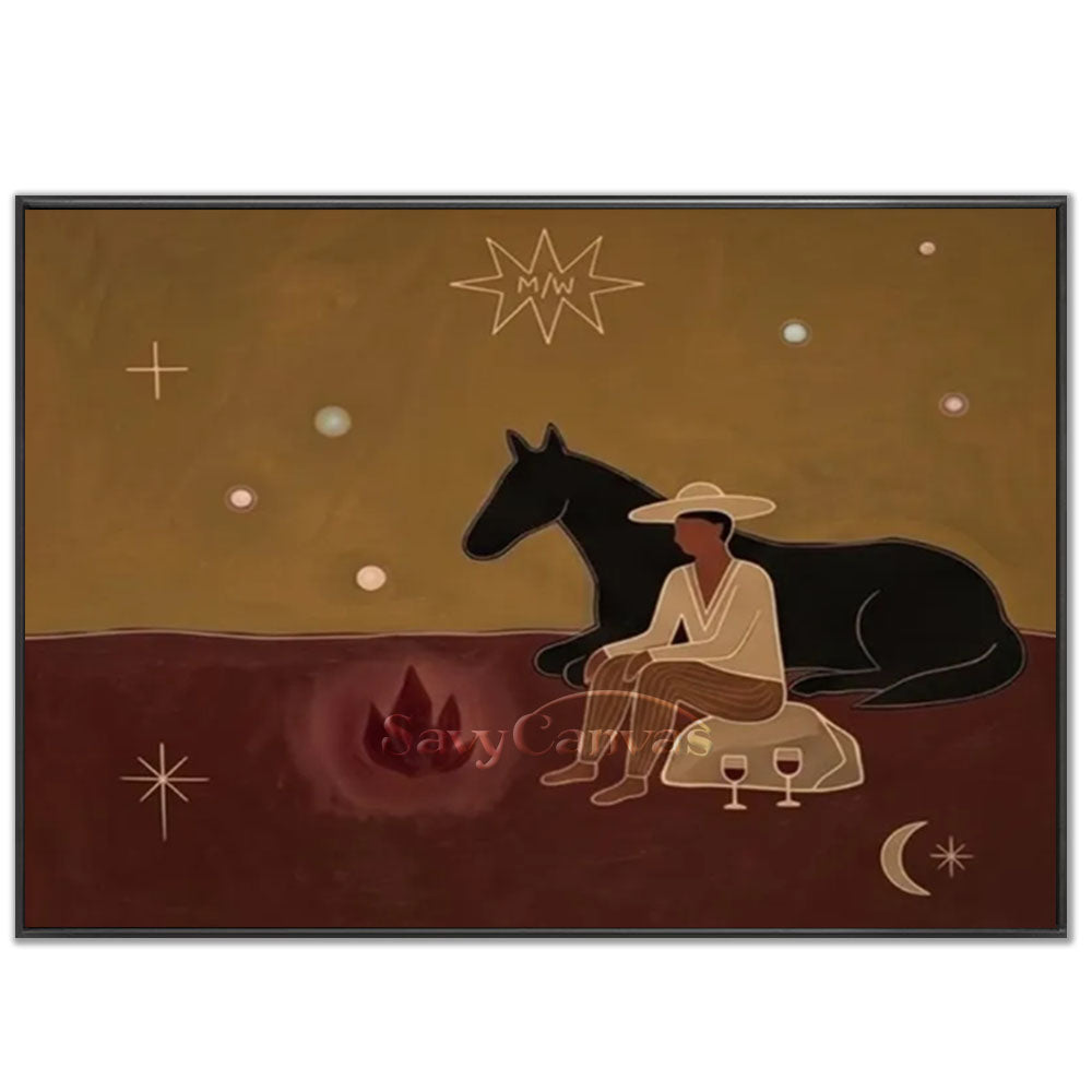 Hand-painted abstract oil painting in a minimalist Japandi style, depicting a Black cowboy resting on a rock by a glowing campfire next to a lying black horse under a starry night sky with earthy ochre and terracotta tones.