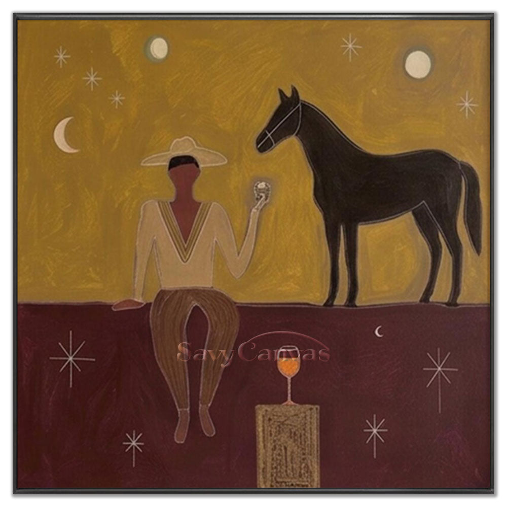 Handmade abstract oil painting featuring a cowboy in a wide-brimmed hat resting next to a black horse under a starry mustard-yellow night sky on a burgundy base, minimalist Japandi style.