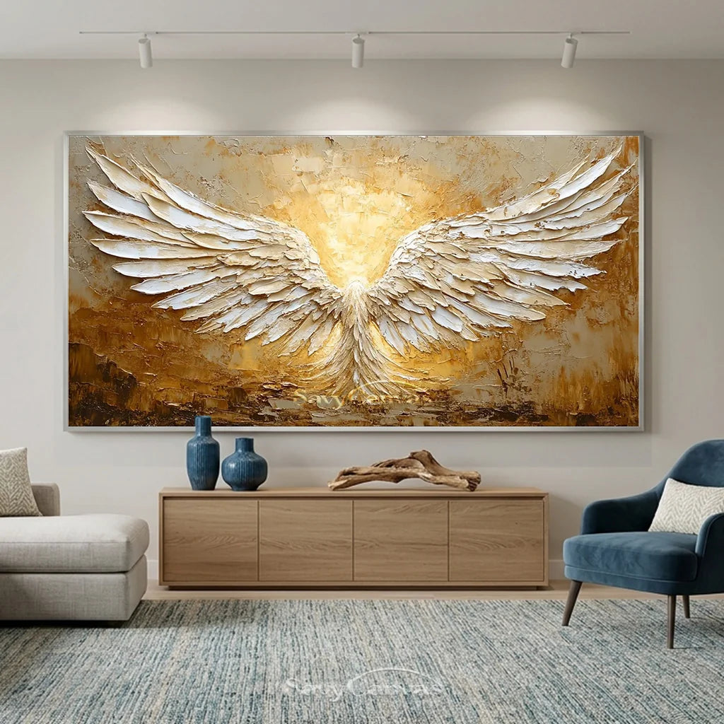 White and Gold Textured Painting | Large Angel Wings Wall Art #ZZ 148