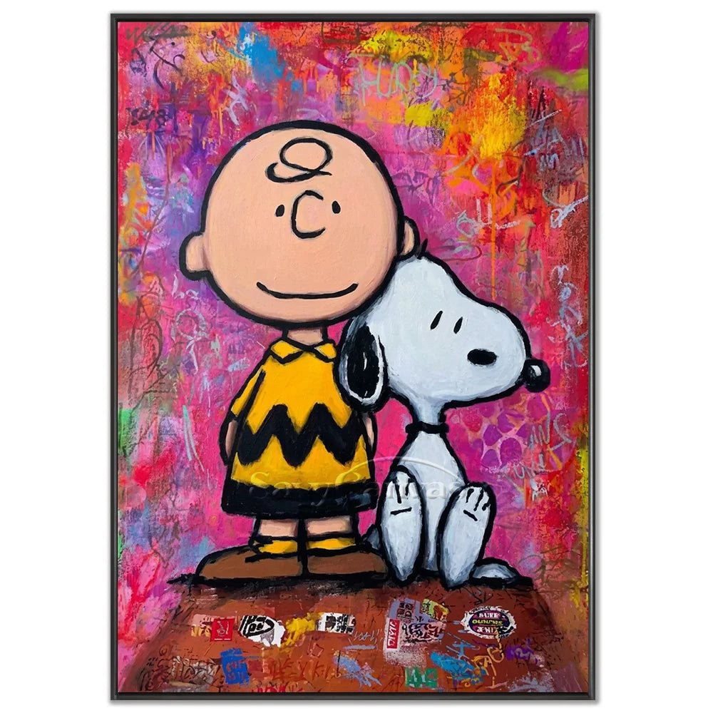Hand-painted pop art abstract graffiti Charlie Brown and Snoopy oil painting on canvas by Savy Canvas, featuring iconic cartoon characters against a vibrant, multi-colored textured street art background. Modern wall decor, ready to hang.
