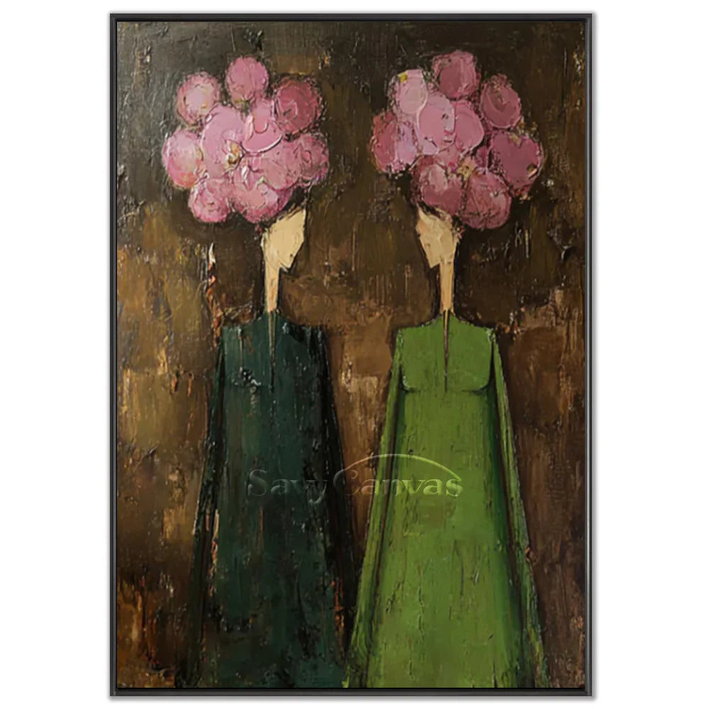 Hand-painted abstract expressionist oil painting featuring two chic ladies with pink floral cloud heads in dark and green gowns against a textured background by Savy Canvas.