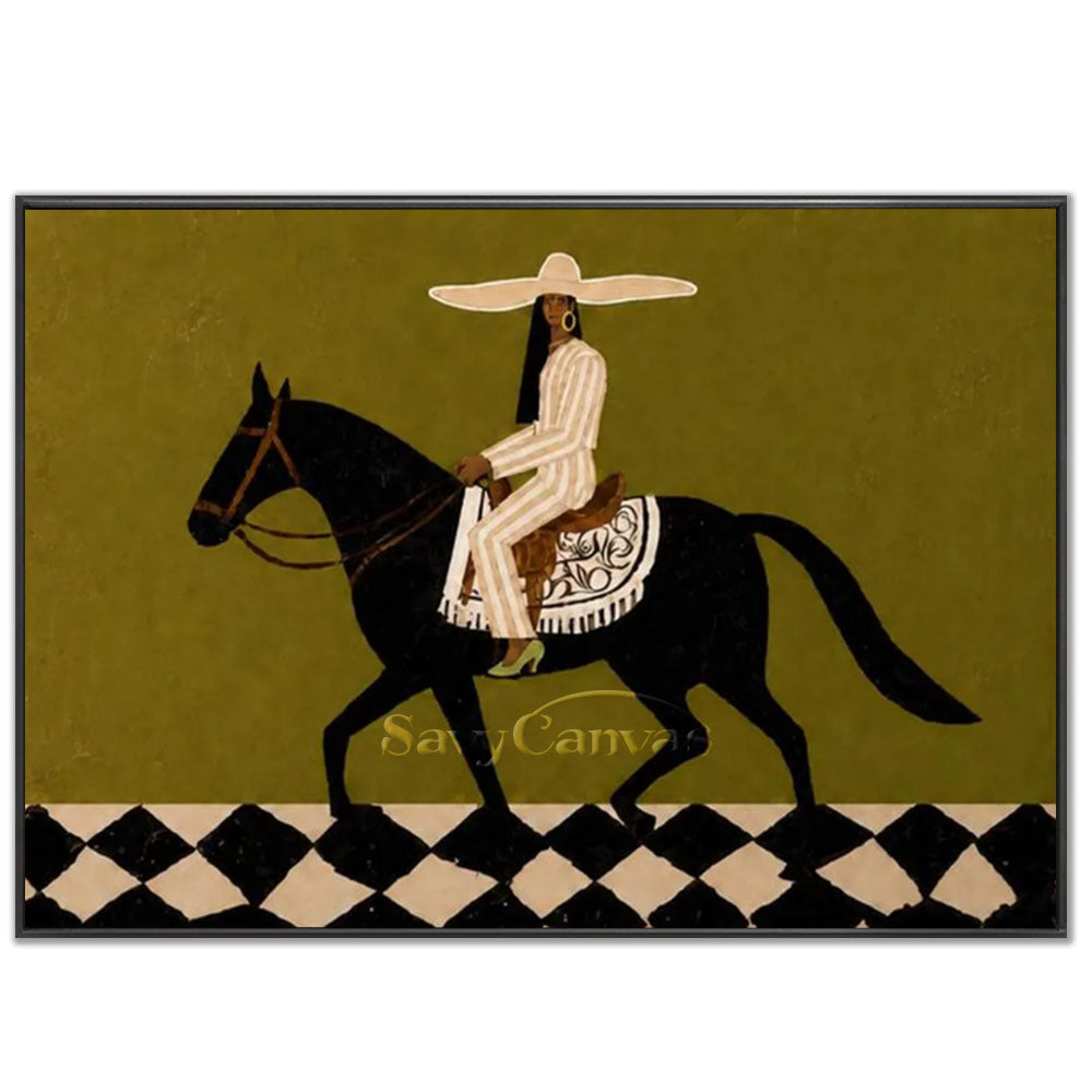 A premium 100% handmade abstract oil painting on canvas featuring a stylized figure in a striped suit and a large wide-brimmed hat riding a black horse. The background is a textured olive green, and the ground features a bold black-and-white diamond checkered pattern, delivering a vintage art deco style.