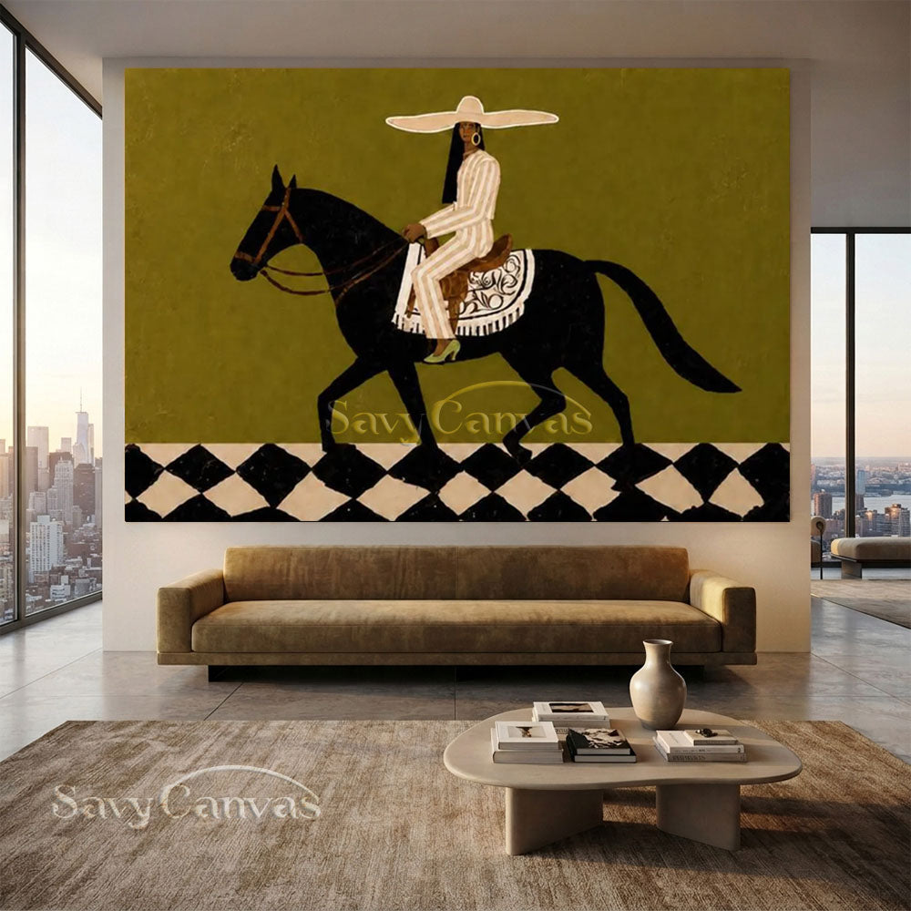 Vintage Abstract Equestrian Handmade Oil Painting Olive Green #ZC 022