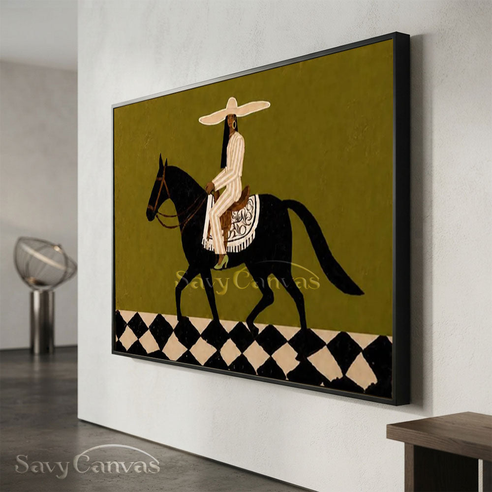 Vintage Abstract Equestrian Handmade Oil Painting Olive Green #ZC 022