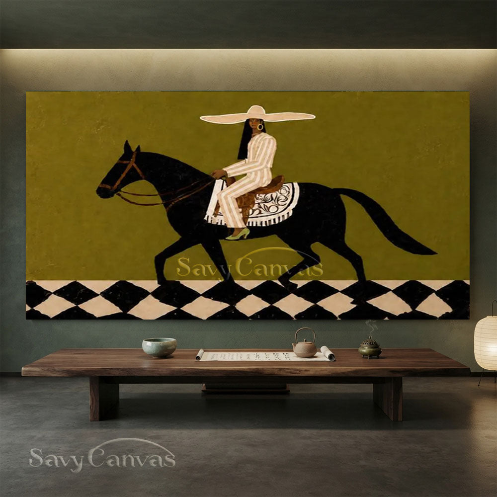 Vintage Abstract Equestrian Handmade Oil Painting Olive Green #ZC 022