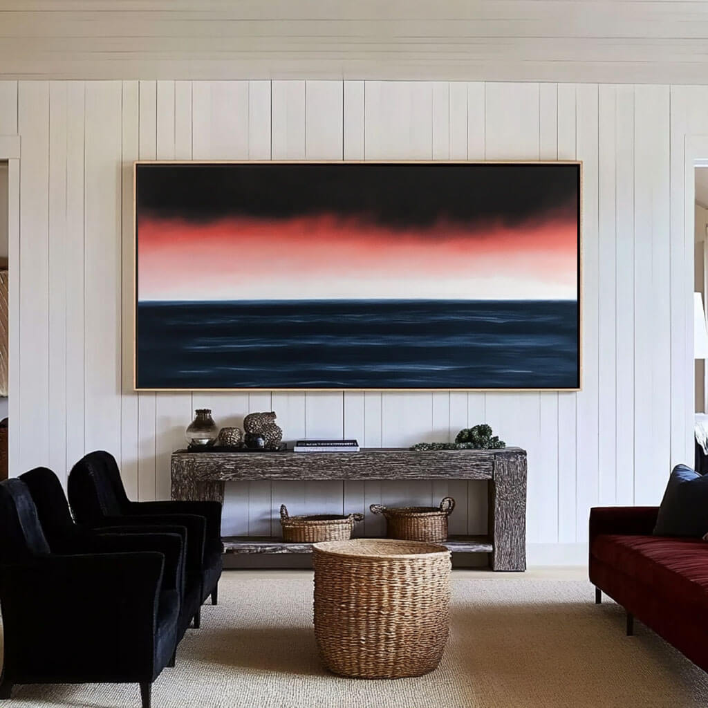 Panoramic Sunset Seascape Canvas Wall Art | Red & Navy Horizon #AA 331