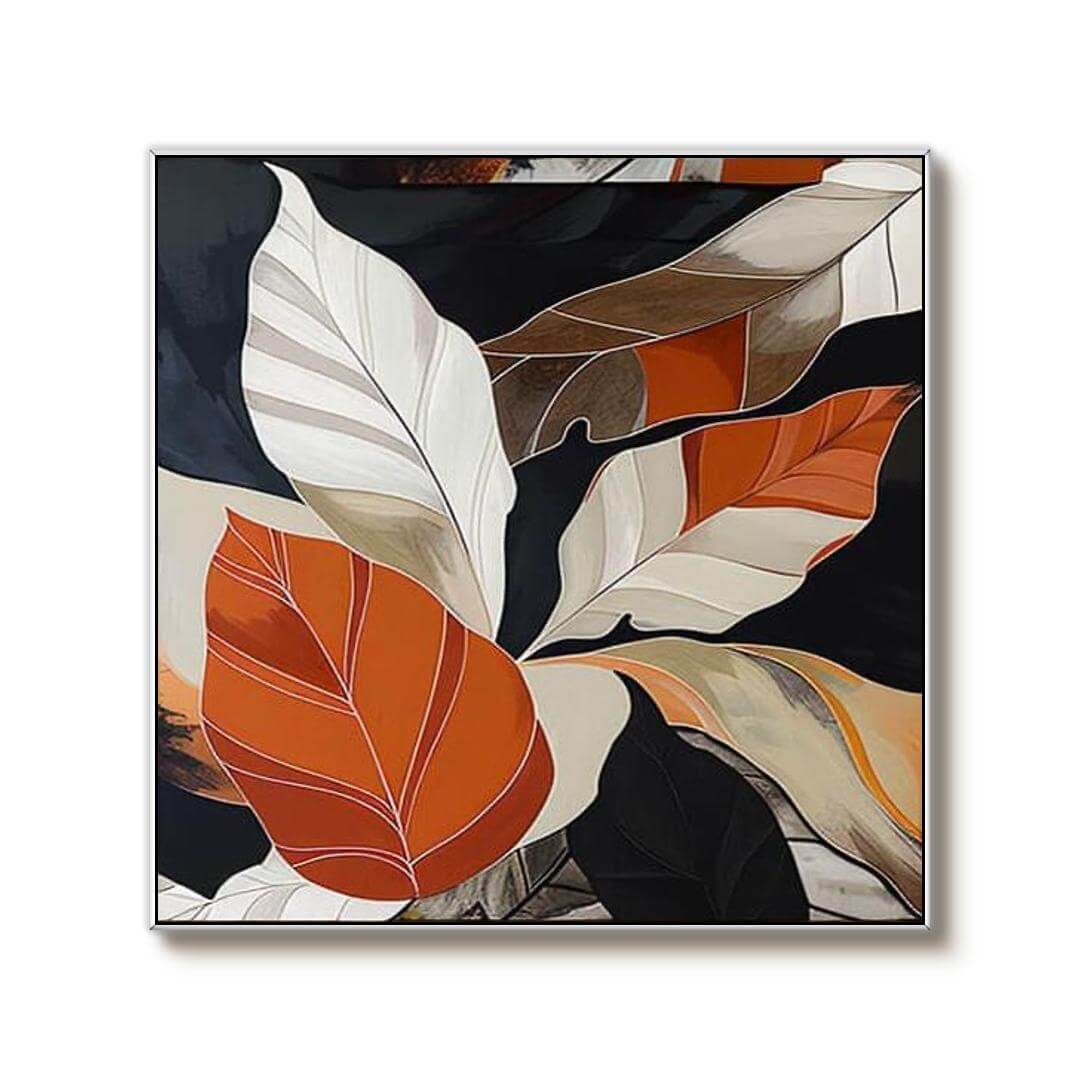 Abstract Leaf Art | Orange, Black & White Painting #AA 063