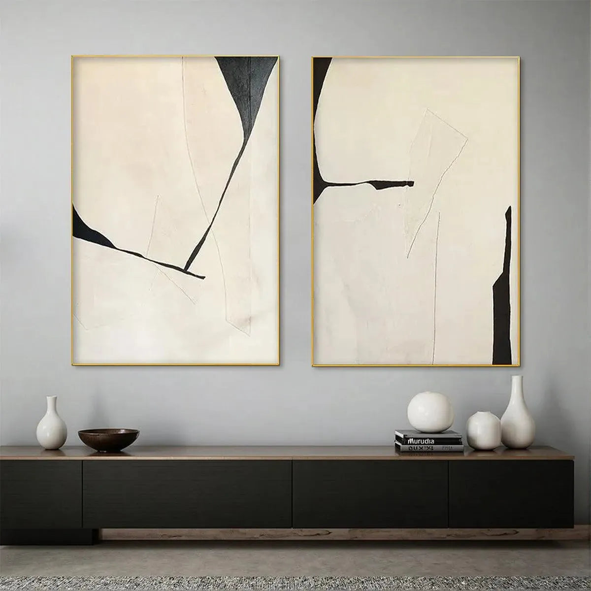 Beige and Black Minimalist Wall Art Set of 2 | Neutral Canvas #AA 465